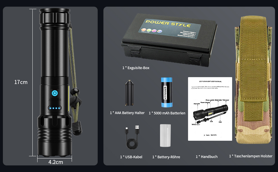 Ліхтар тактичний LED Cinlinso 1000000 Люмен, USB-C, 7 режимів, Zoom, IPX6, для кемпінгу та надзвичайних ситуацій