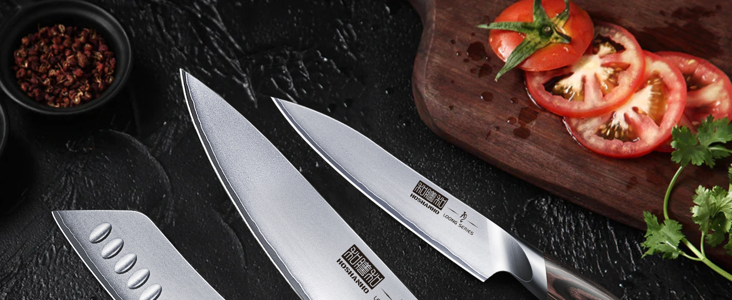 HOSHANHO 8-Piece Knife Set with Wooden Block - Professional Stainless Steel Kitchen Knife Set for Cooking