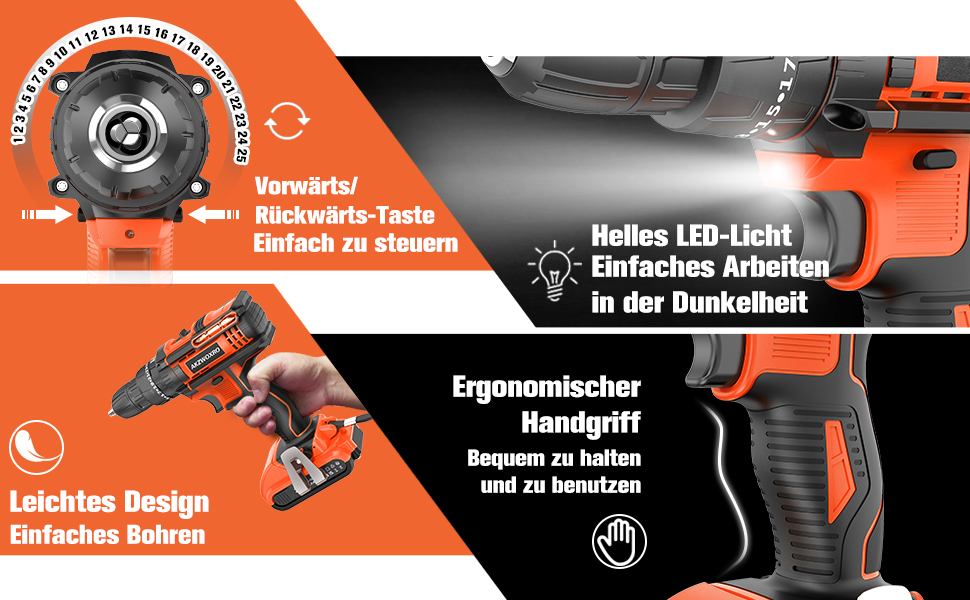 Акумуляторний шуруповерт AKZWOXRO 21V з 2 акумуляторами 2.0Ah, 42Nm, 2 швидкості, 25+3 ступені крутного моменту, патрон 10мм, LED, 30шт аксесуарів для дому та саду, помаранчевий колір