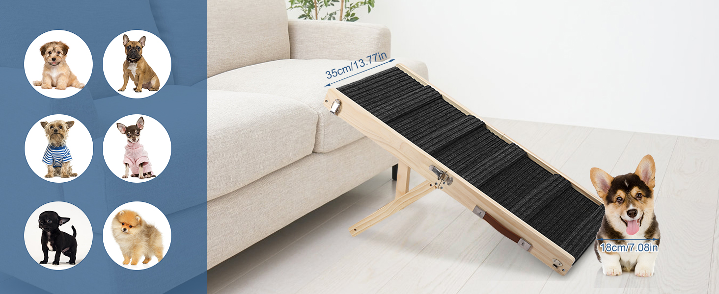 Складана дерев'яна пандус для собак – для ліжка, дивана, авто. Регульована висота 25-52 см, довжина 83 см, ширина 35 см, антиковзка поверхня
