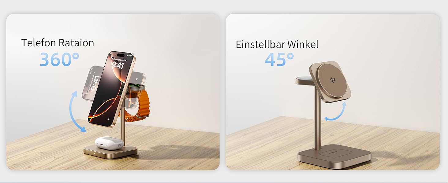 Станція зарядки LULULOOK Qi2 MagSafe 3 в 1 з алюмінію для Apple Watch та iPhone з підтримкою швидкої зарядки 15W (для iPhone 17 Pro Max/17 Pro/17 Air/17) та 5W (для Apple Watch Ultra, AirPods), титан