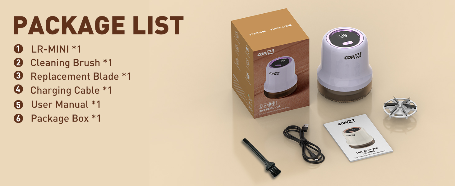 Електричний видалення ворсу для одягу та меблів COPPA, 6 лез, 3 швидкості, перезаряджається, з індикатором заряду, фіолетовий