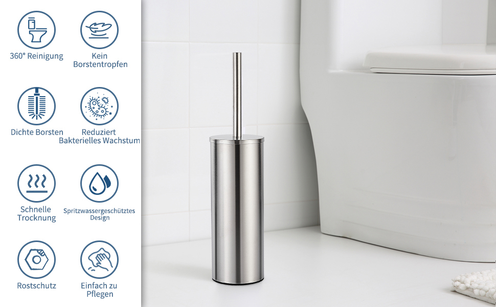 Набір для туалету FIISAYL: щітка для унітазу з підставкою, нержавіюча сталь, матове срібло