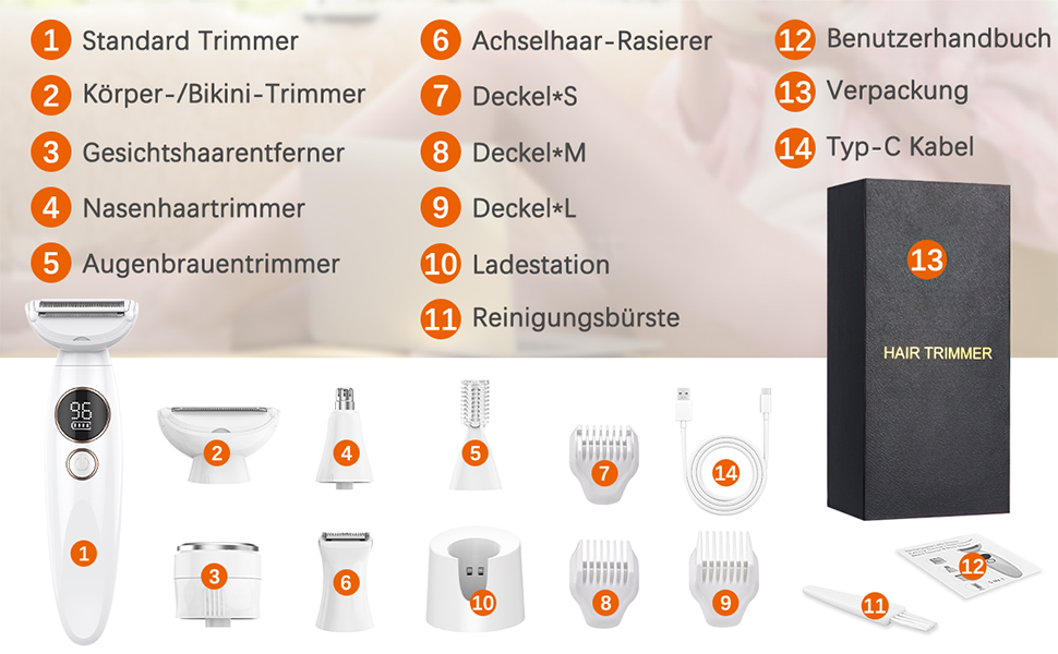 Електричний жіночий тример Lightbiz 5-в-1 для тіла та обличчя, водонепроникний (IPX7), USB-зарядка, білий