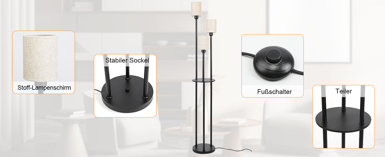 Стійка лампа Winverty для вітальні з полицею, 3 лампи, вінтажний стиль, чорний колір