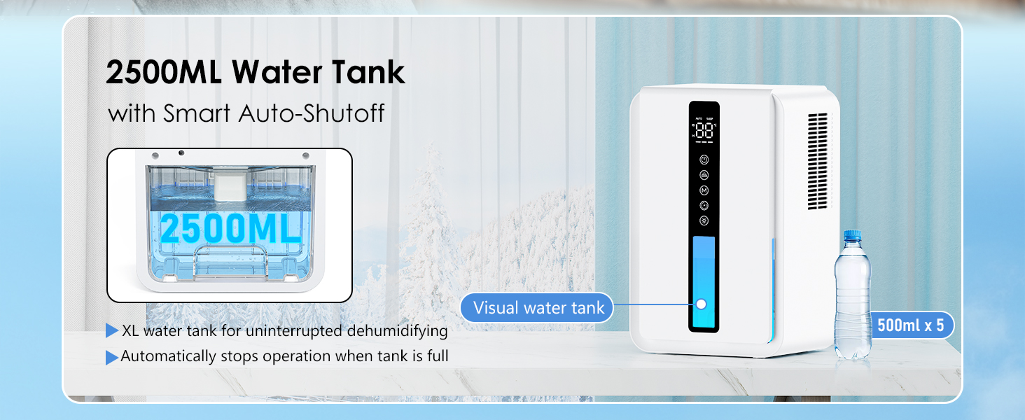 Електричний осушувач повітря 2500 мл з баком для води - Осушувач повітря електричний з трьома швидкостями + два режими, таймер 48H, авто-стоп & анти-заморожування, для спальні та ванної кімнати