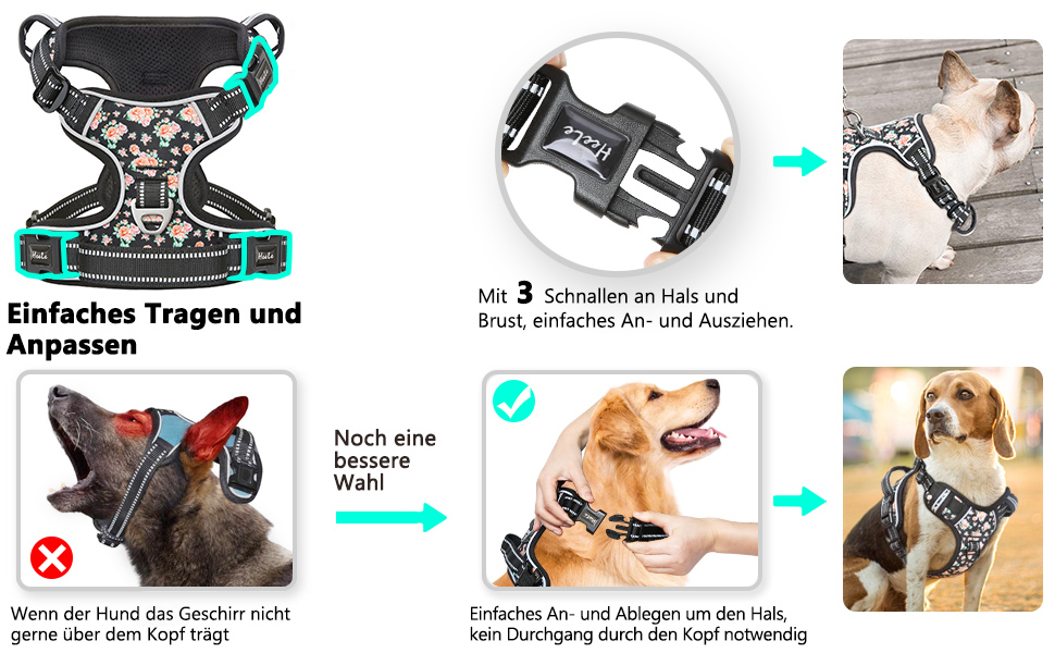 Шлейка для собак HEELE, рожева, квітковий принт, для середніх собак, 38-71 см, з м'яким ручним захопленням, світловідбиваюча