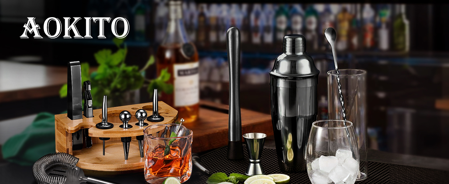 Набір для приготування коктейлів, 12 предметів, нержавіюча сталь, 750 мл, з дерев'яною підставкою та книгою рецептів