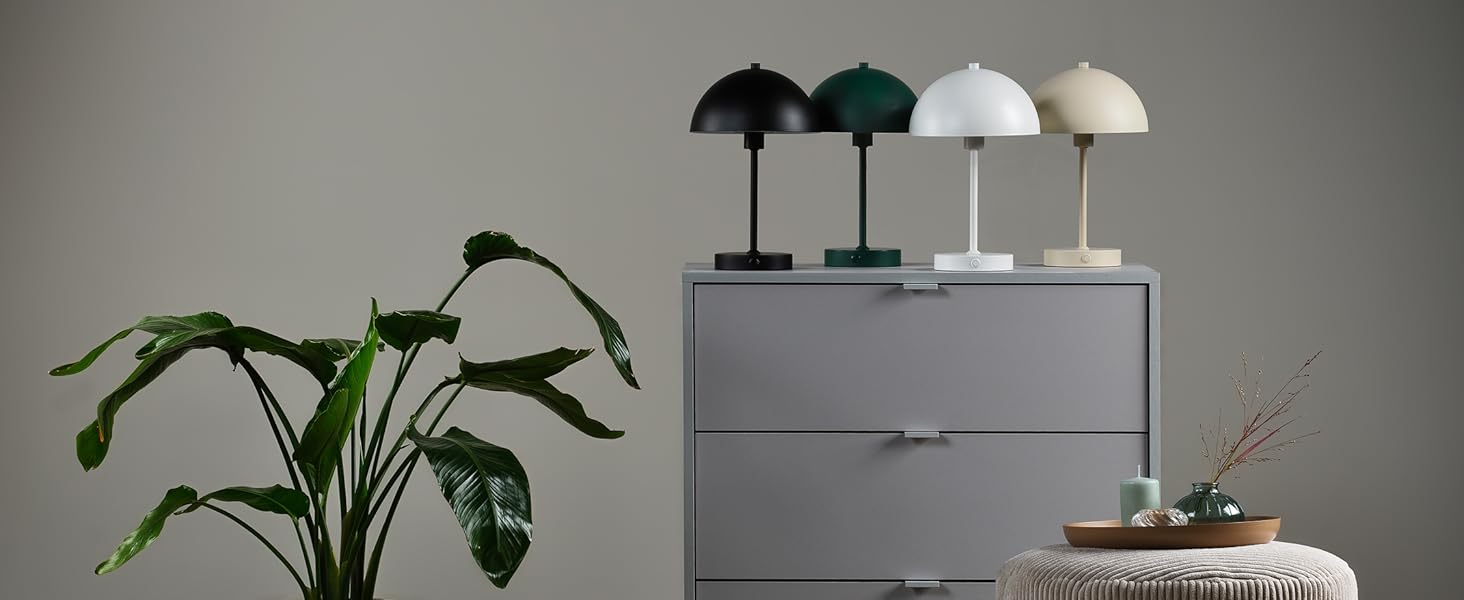 Mokebo® LED настільна лампа бездротова, акумуляторна, з регулюванням яскравості та USB-C, 'The Lighthouse', вінтажна лампа-горщик, грибний світильник та настільна лампа кольору тауп, метал, з батареєю, тепле біле світло, сріблястий колір