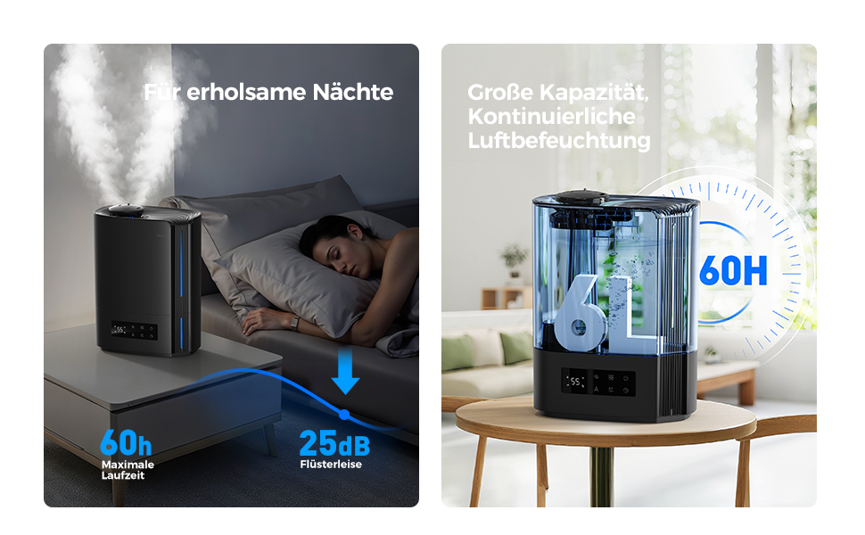 Зволожувач повітря AROEVE 6L з аромадифузором, ультразвуковий, для дитячої кімнати, 60 годин роботи, тихий, з контролем вологості, чорний
