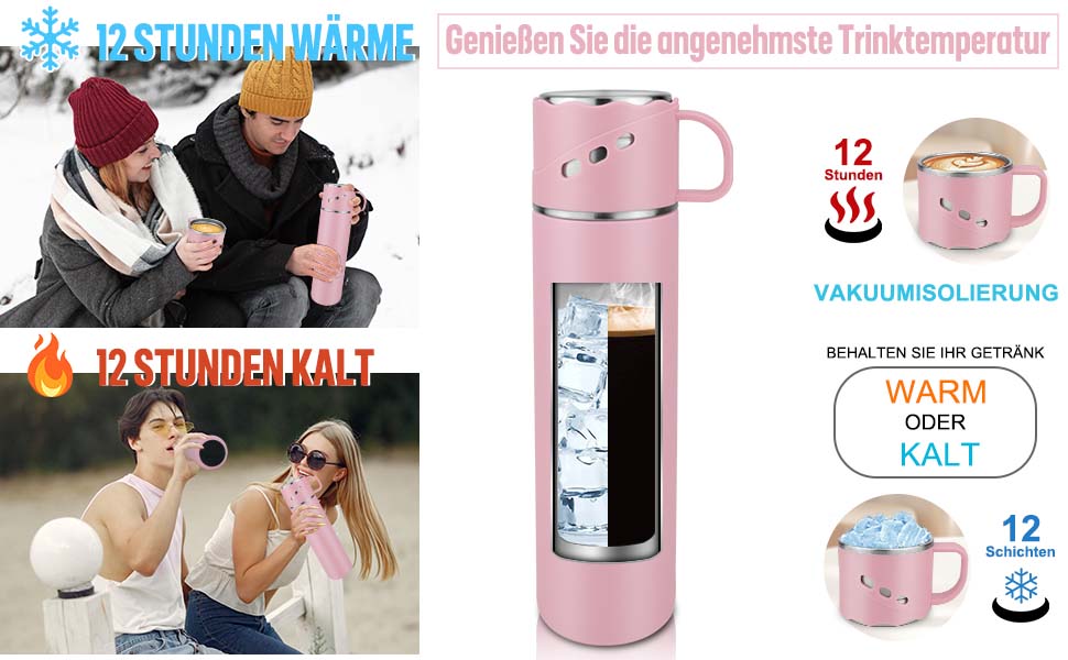 Термокружка-термос з нержавіючої сталі 550 мл, без витоку, з чашкою та ручкою, вакуумна термоізоляція 12 год гаряча / 12 год холодна, неслизька, для кави, спорту, роботи, школи, автомобіля (Рожева)