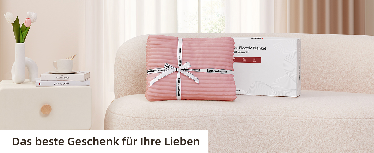 Електрична ковдра з підігрівом 130x180 см з таймером та захистом від перегріву, 9 рівнів нагріву, функція пам'яті, для ліжка, офісу (Рожеста смугаста)