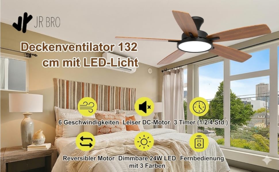 Вентилятор стельовий з LED підсвіткою, DC мотор, 3 кольори світла, диммування, чорний, з пультом ДК для спальні, тихий, 6 швидкостей, вітальня, офіс