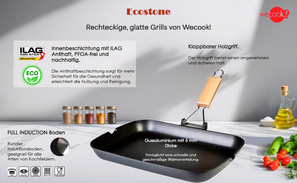 Сковорода-гриль WECOOK! Ecostone 34x24 см для індукції, алюмінієва, антипригарне покриття ILAG, екологічна, без ПФОК, товщина 5 мм, складана дерев'яна ручка, для газу та склокераміки