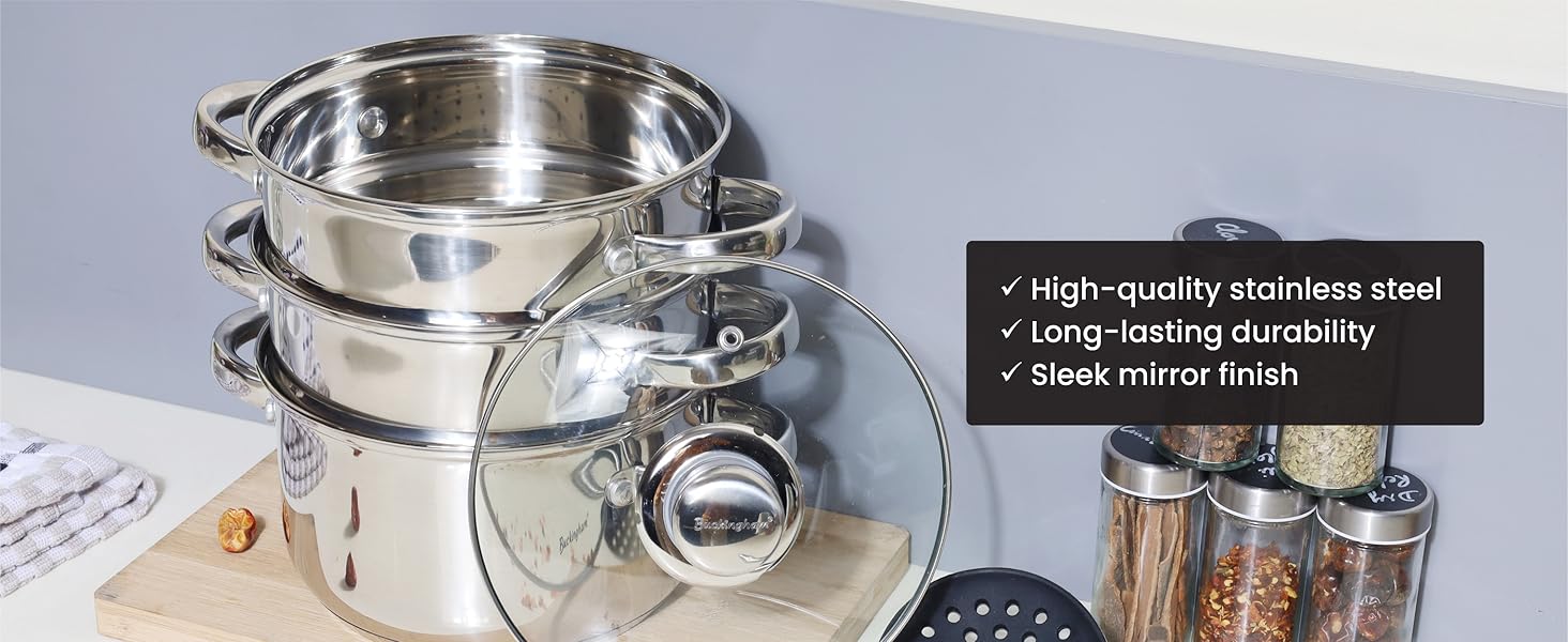 Паровий горщик Buckingham на 3 яруси зі скляною кришкою, 18 см