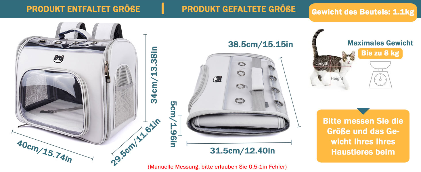 Рюкзак для кота з вікном, переноска для котів та маленьких собак (до 8 кг), сірий, дихаючий, складаний