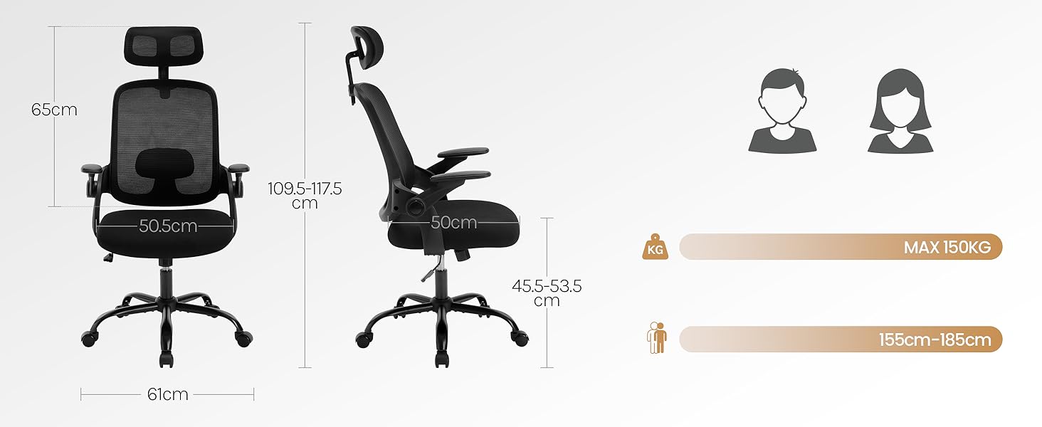 Крісло офісне WOLTU ергономічне, регульована підголовник та поперекова підтримка, функція гойдання, для офісу, 150 кг, чорне