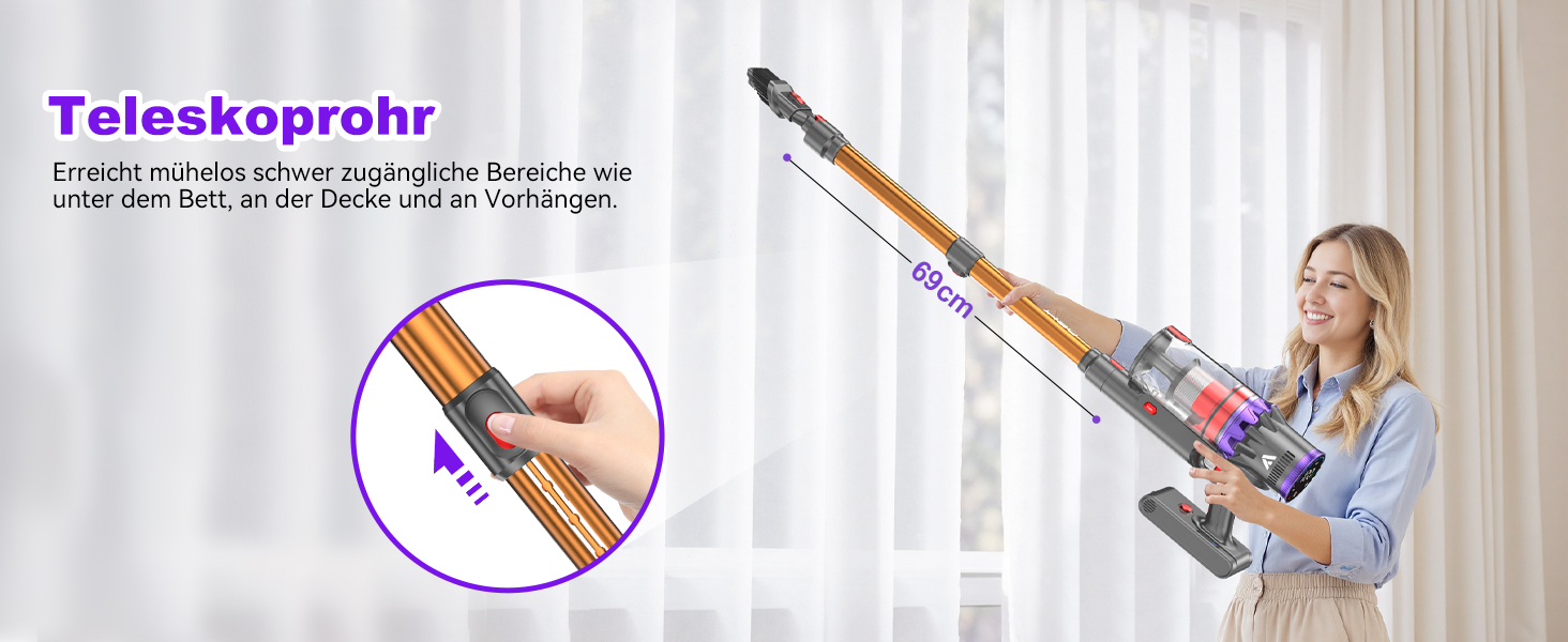 Бездротовий пилосос Coovy SU7 з акумулятором, 580W, 75 хвилин роботи, 55000Pa, великий дисплей, автоматичний режим, для килимів, шерсті тварин, твердих поверхонь