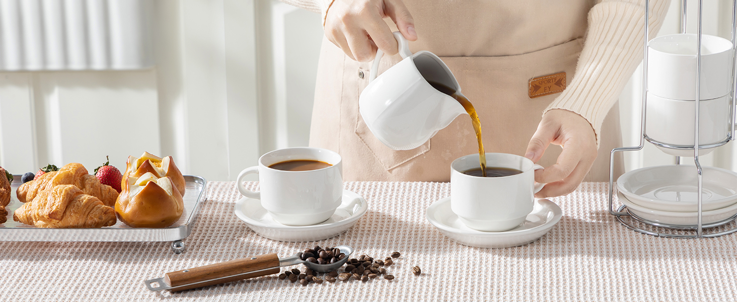 Набір чашок еспресо MALACASA 4 шт., 75 мл, з підставками та стійкою, 240 мл, біле порцелянове, для еспресо, Regular