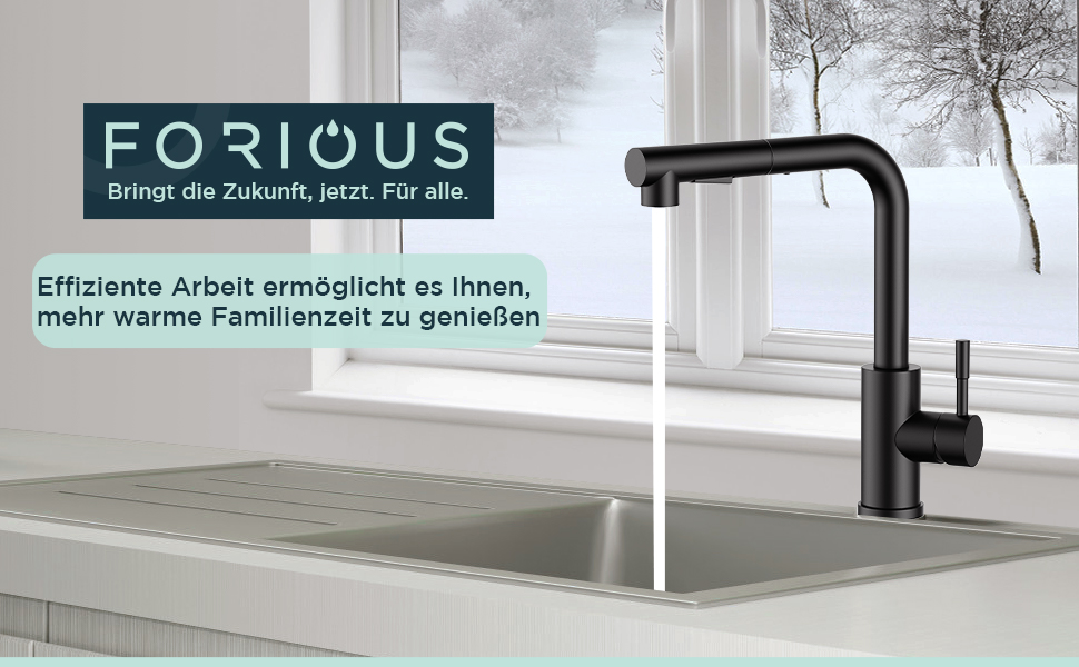 Кран FORIOUS для кухні з висувною лійкою, душовою насадкою, поворотний на 360°, 2 режими розпилення, матовий чорний