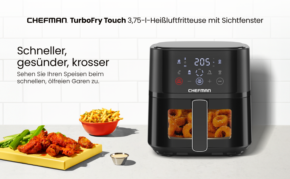 Chefman 3.75L Air Fryer - Compact Hot Air Fryer with Hi-Fry Technology, Window, Touch Controls, Non-Stick Coating, Dishwasher Safe - Black