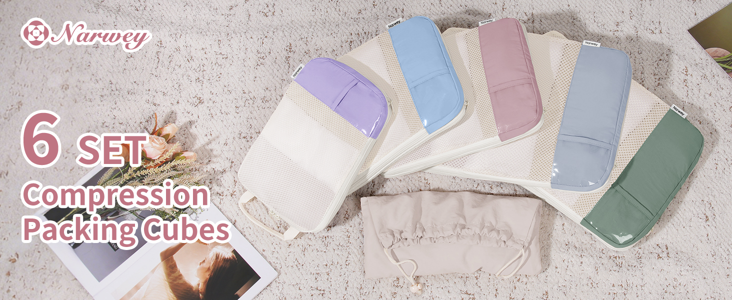Набір органайзерів для валізи Narwey (6 шт.) - кубики для пакування з компресією, бежевий. Організація подорожей та зручне пакування речей.