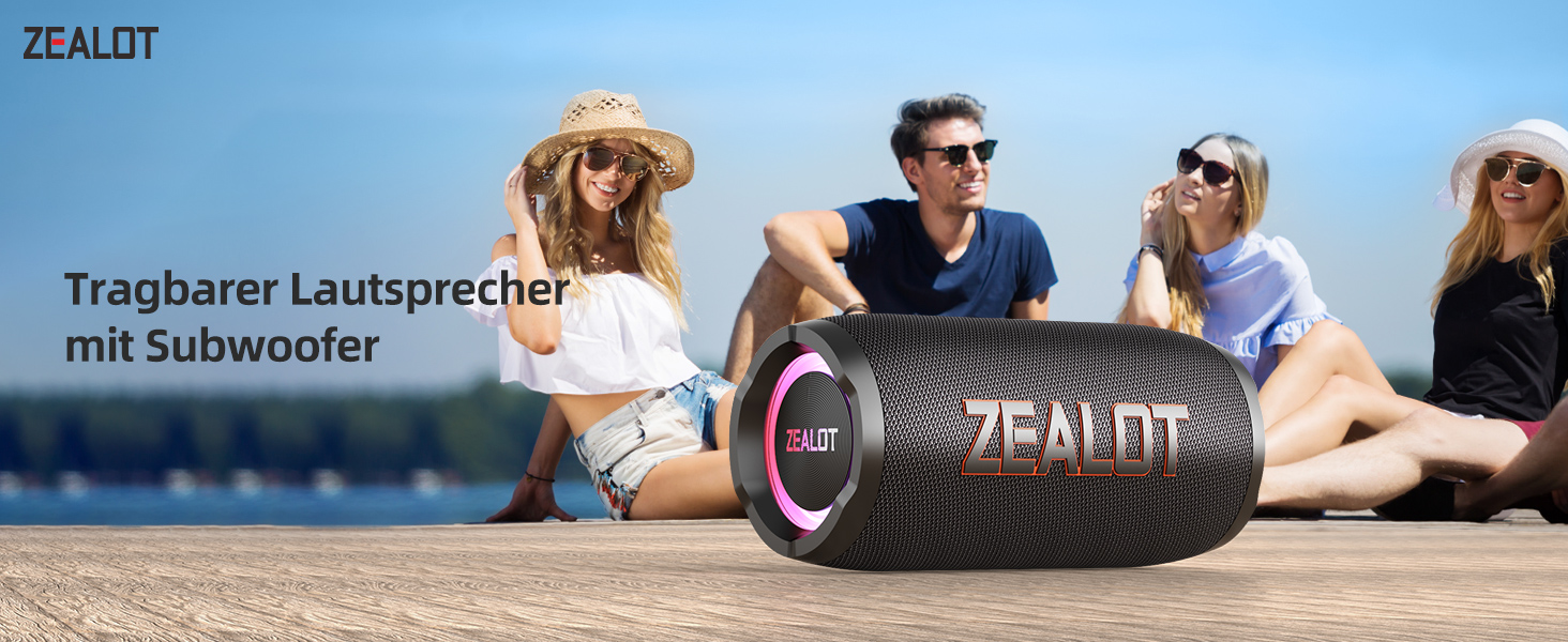 ZEALOT Bluetooth колонка 60W (70W пік) з підсвіткою, портативна, USB/Micro SD/AUX, Bluetooth 5.3, IPX6 водонепроникна, подвійне з'єднання, стереозвук для телефону, пляжу