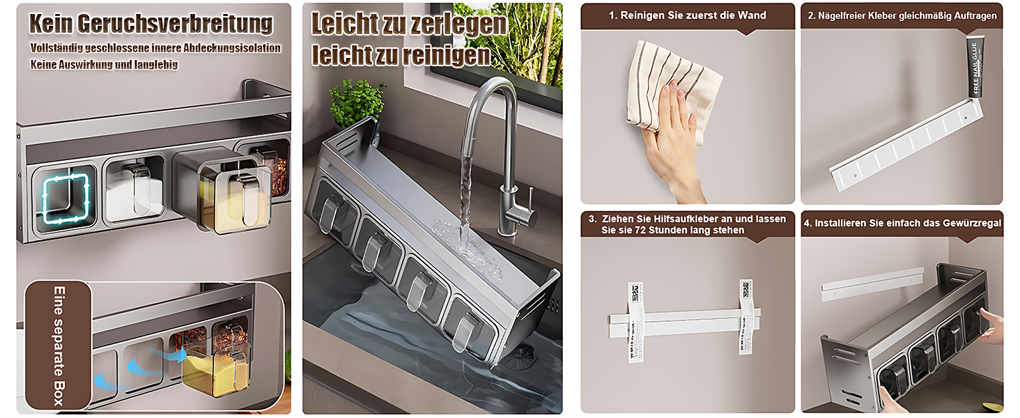 Стильна підставка для спецій з 5 сірими баночками: настільна, настінна, без свердління