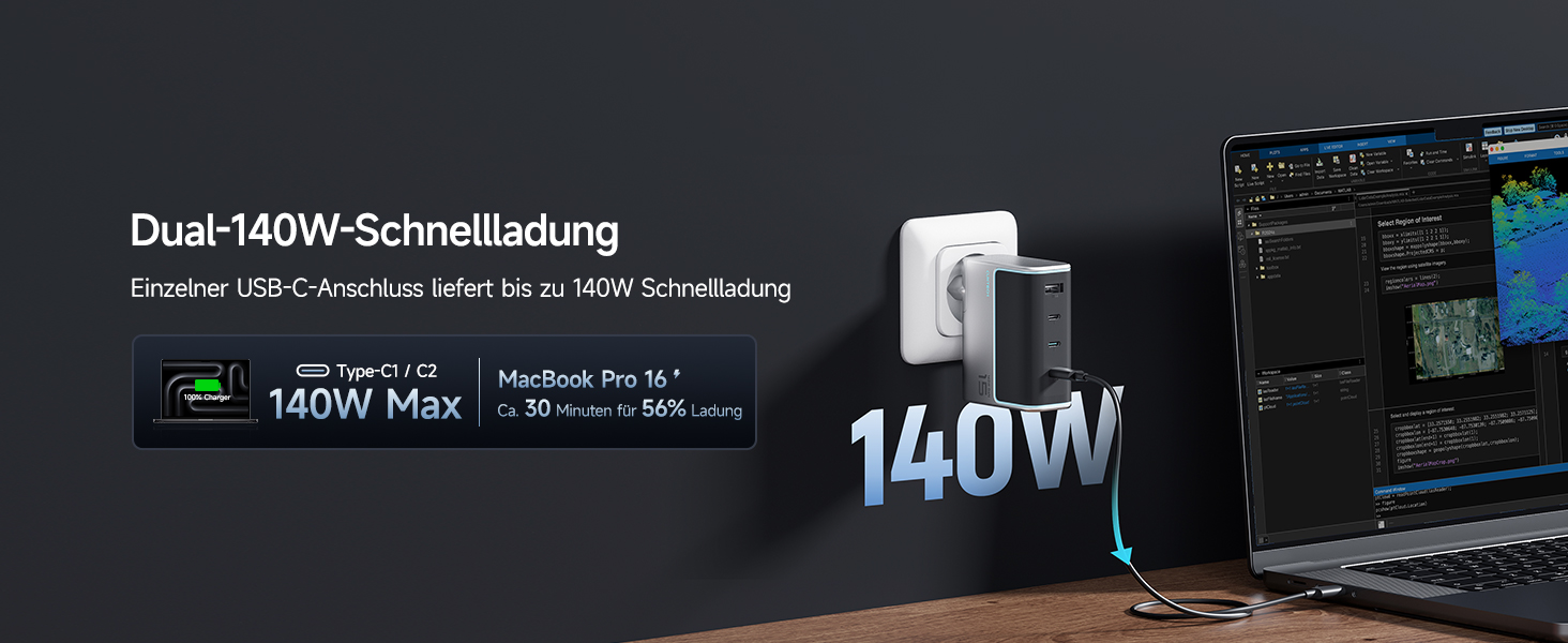 Зарядний пристрій CUKTECH 140W USB-C з кабелем, PD Fast Charger 4-port для ноутбука, MacBook, iPad, Samsung Galaxy, iPhone, Steam Deck