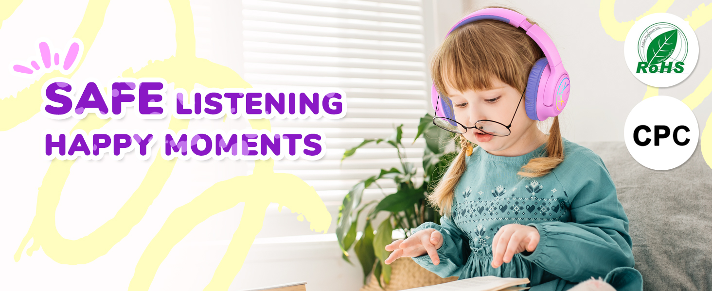 iClever Бездротові навушники для дітей з LED-підсвіткою, обмеження гучності 74/85 дБ, 43 години роботи, стереозвук, Type-C, AUX-кабель, Bluetooth 5.3, для планшетів/подорожей, рожево-фіолетові