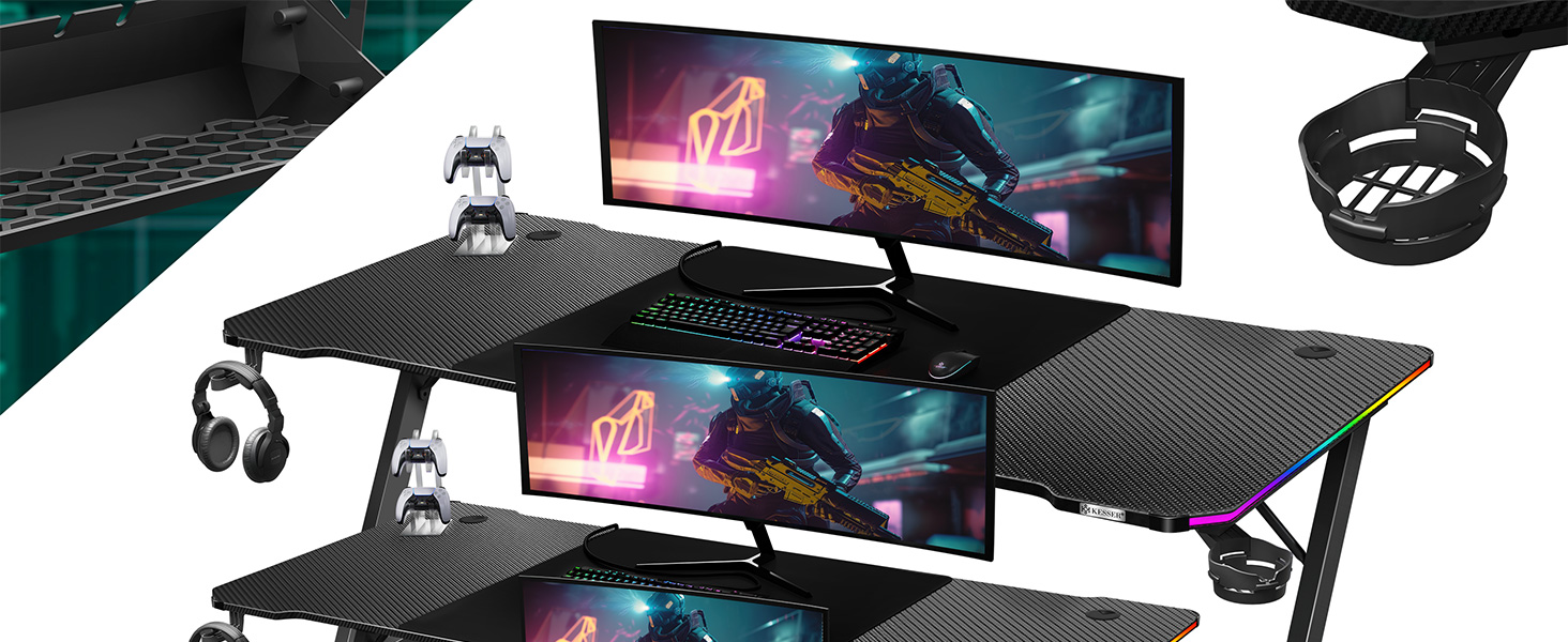 Ігровий стіл KESSER Gaming 180x80 см, Z-подібний ергономічний комп'ютерний стіл з карбоновим покриттям, підсвіткою LED, підставкою для напоїв та гачком для навушників, чорний