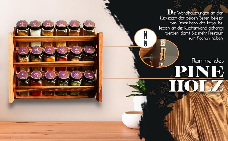 Elegant dark spice rack, wood standing & wall-mounted, 18 spice jars, 25 labels. Spice organizer, spice rack, kitchen shelf, wood, vintage. Spice rack - spice rack system hanging - spice storage (pine wood)