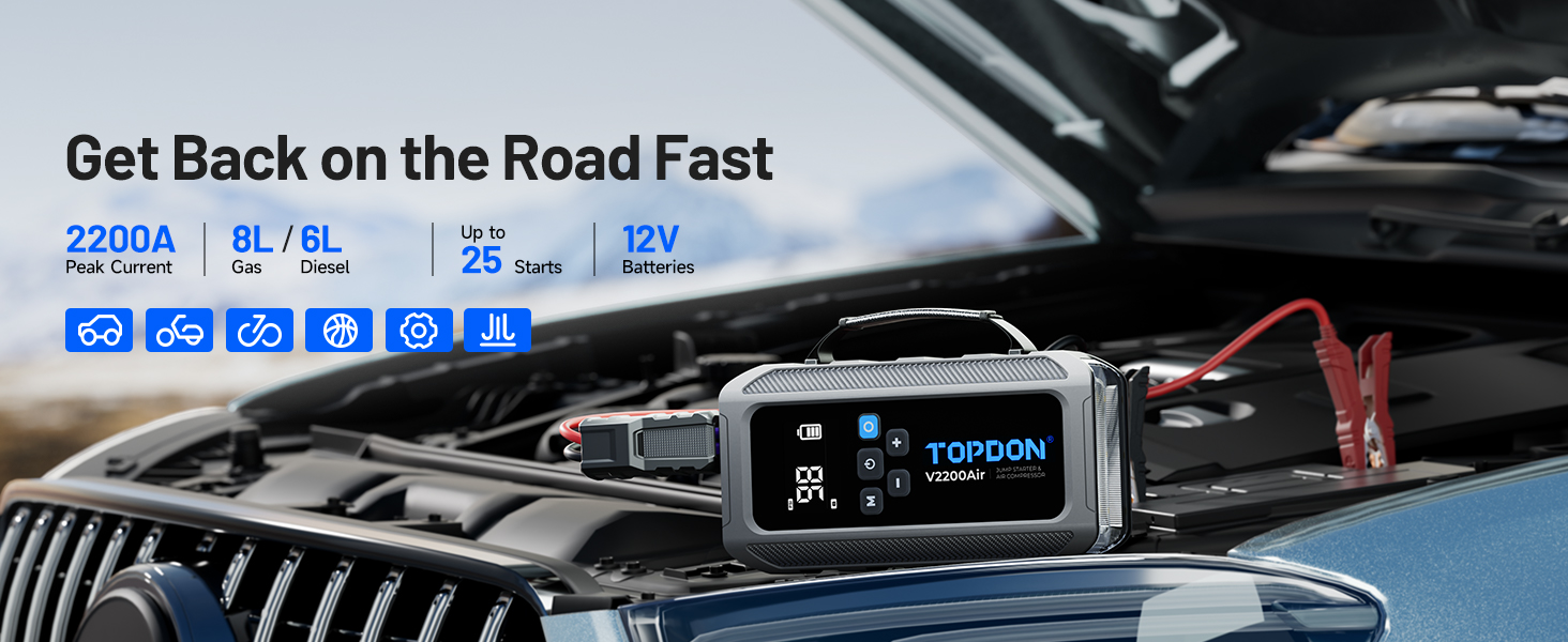TOPDON V2200Air: Портативний стартер та компресор для авто (2200A, 150PSI)