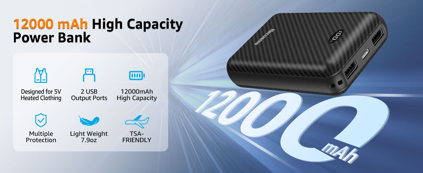 Powerbank для підігрівальної жилетки 5V 3A 12000mAh USB, сумісний з Techstuph, vapesoon, burngogo (не для жилеток 7.4V/12V DC), чорний