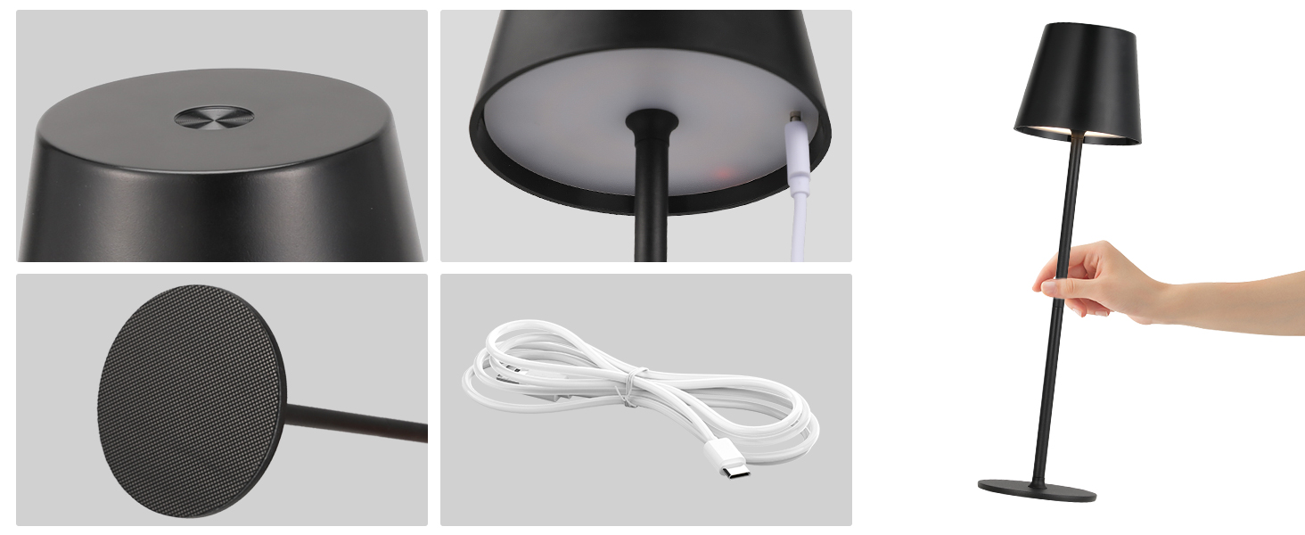 Акумуляторна настільна лампа LED бездротова з USB-C зарядкою, димується, 3 режими світла, чорна - для дому, кемпінгу