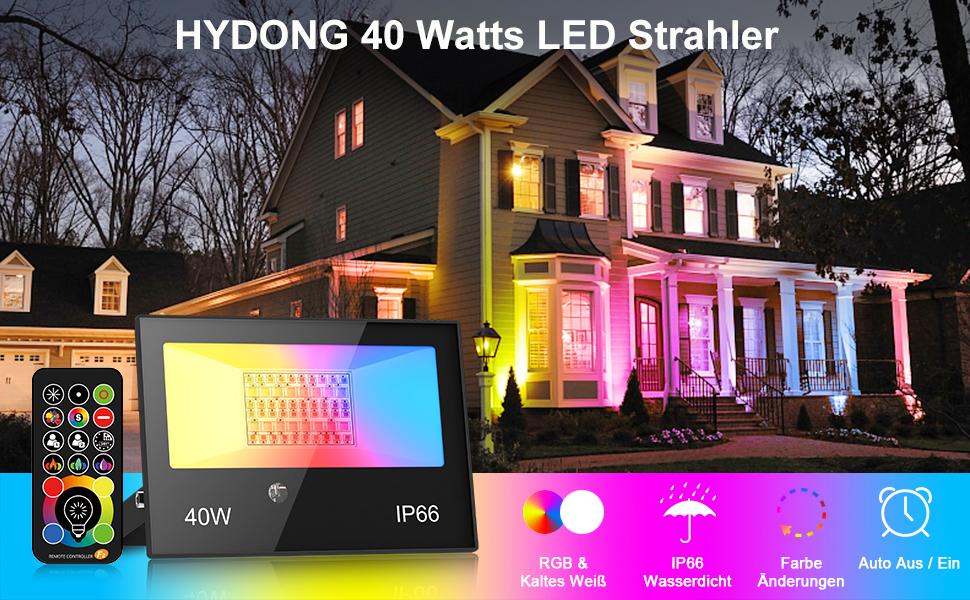 RGB LED прожектор для вулиці 40Вт з пультом, 120 кольорів, 5 режимів, IP66, 4000Лм, холодне біле світло, для саду, двору, гаража, комплект 2 шт.