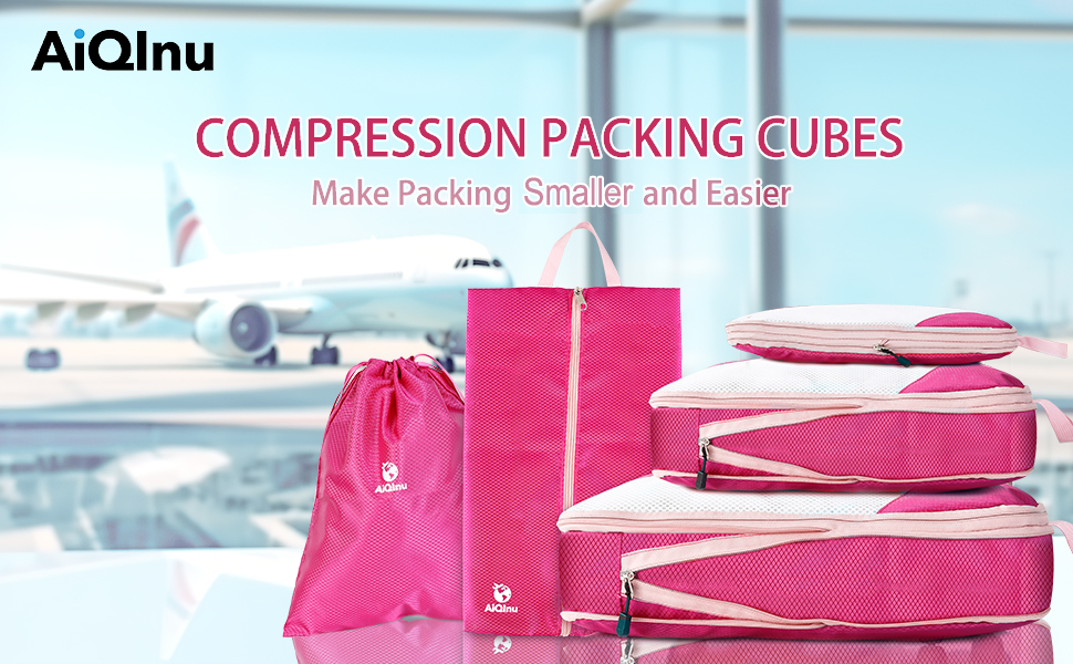 Набір органайзерів для валізи AiQInu, 5 шт. з компресією, для подорожей, рожевий