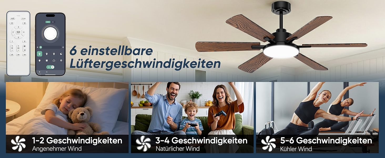 Стеляний вентилятор з підсвіткою 132см, 6 лопатей, з пультом керування, тихий DC-двигун, 6 швидкостей, 3CCT, регульоване LED-підсвітлення, двосторонні лопаті для спальні/вітальні