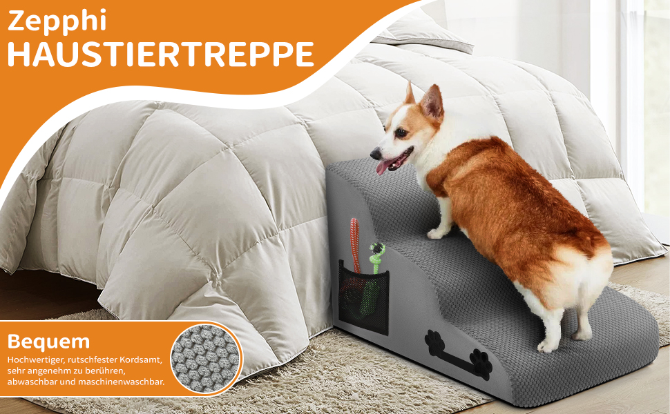 Сходинки для собак, 3 сходинки, з щільного матеріалу, для маленьких собак та котів, знімний чохол, іграшка-канат, легкі та портативні, сірі.