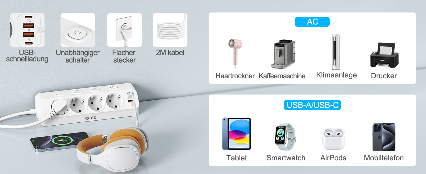 Мережевий адаптер PD 20W з плоским штеплером, розетка FDTEK на 4 слоти з індивідуальним вимикачем, 4000W, 16A, USB-C, розетка для столу з вимикачем, настільна розетка з кабелем 2м (білий)