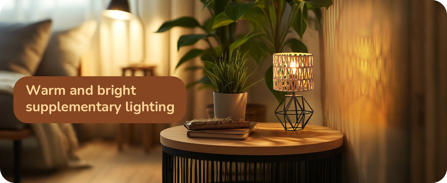 EDISHINE Настільна лампа, сучасний індустріальний дизайн, цоколь E14, вінтаж, для спальні/вітальні, білий & золотий (ротанг + чорний)