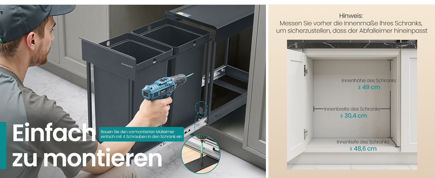 Відро для сміття SONGMICS для кухні з роздільним контейнером, 2 відсіки по 15 л, висувний, сталевий каркас, ABS-кришка (сірий)