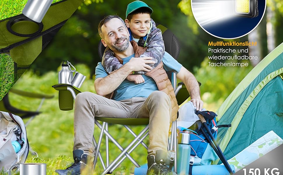 Крісло для кемпінгу KESSER® розкладне, до 150 кг, для риболовлі, з підлокітниками, високою спинкою, пляшкотримачем, світлом, сумкою, бежевий/чорний