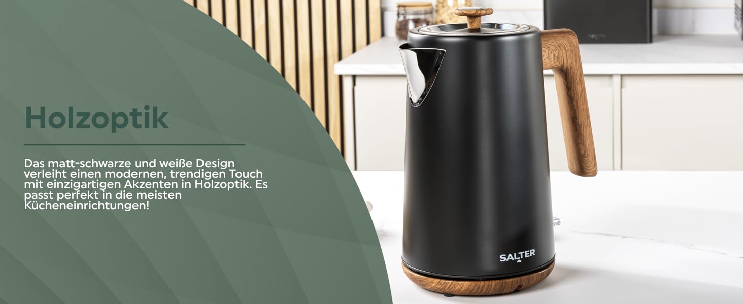 Електричний чайник Salter Toronto 1,7L, 3kW, чорний: швидке кип'ятіння, 360° підставка, фільтр від накипу, дерев'яний дизайн, бездротовий, захист від сухого кип'ятіння, автовимкнення, контролер Otter, чорний колір