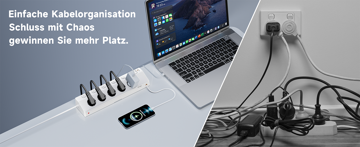 Настільний мережевий фільтр з 5 розетками та 2 USB-C (PD 30W), подовжувач з вимикачем, 4000W, кабель 2м, білий