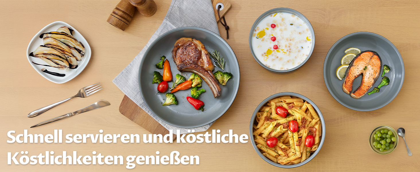 BEZIA Набір каструль та сковорідок з керамічним покриттям, 10 предметів, антипригарне покриття, здорове приготування їжі, для індукційних плит, складений для кемпінгу, сумісний з усіма типами плит, духовка, сірий колір