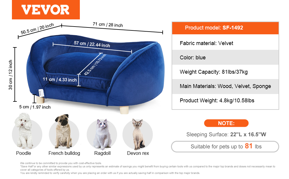 Диван для домашніх тварин VEVOR: м'яке ліжко для собак та котів, 30 кг, блакитний, 71x51x11 см