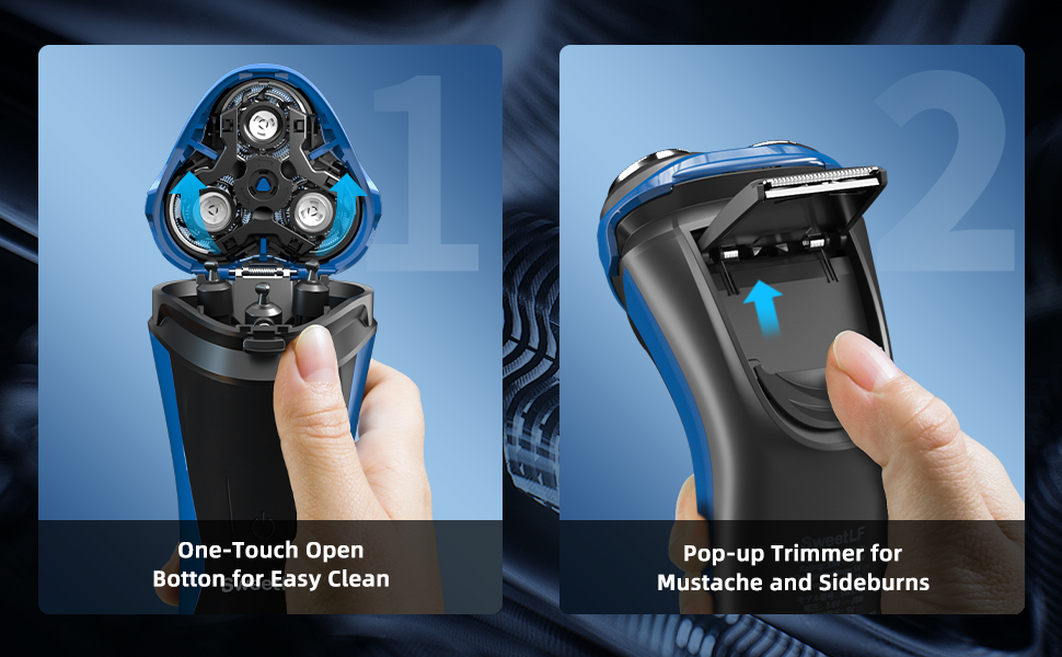 Електричний верстат для гоління SweetLF [2023 Neu] для чоловіків з 3D-поворотною головкою, LED-дисплеєм, IPX7 водонепроникністю та зарядним пристроєм (3 леза + 1 швидка зарядка, чорно-синій)