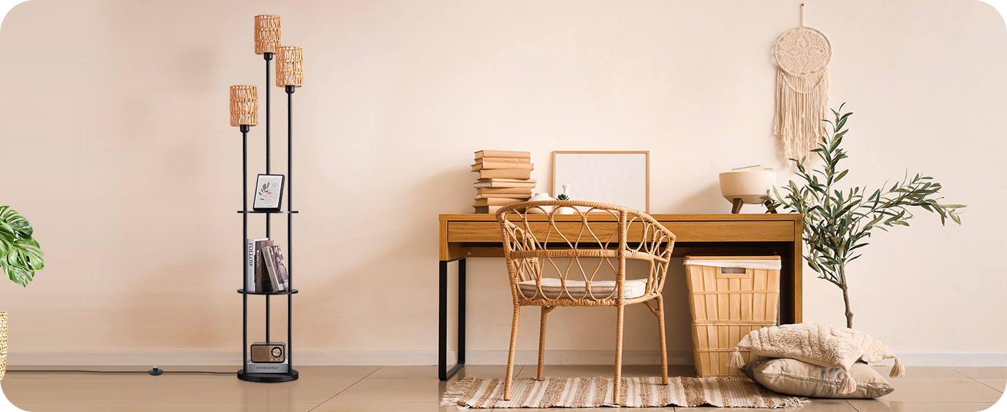 Стійка лампа EDISHINE для вітальні з трьома плафонами, вінтажний стиль, полиця, абажур з ротангу, 3 x E27, з лампочками, бохо-стиль, з вимикачем на ніжці, 178 см, чорний