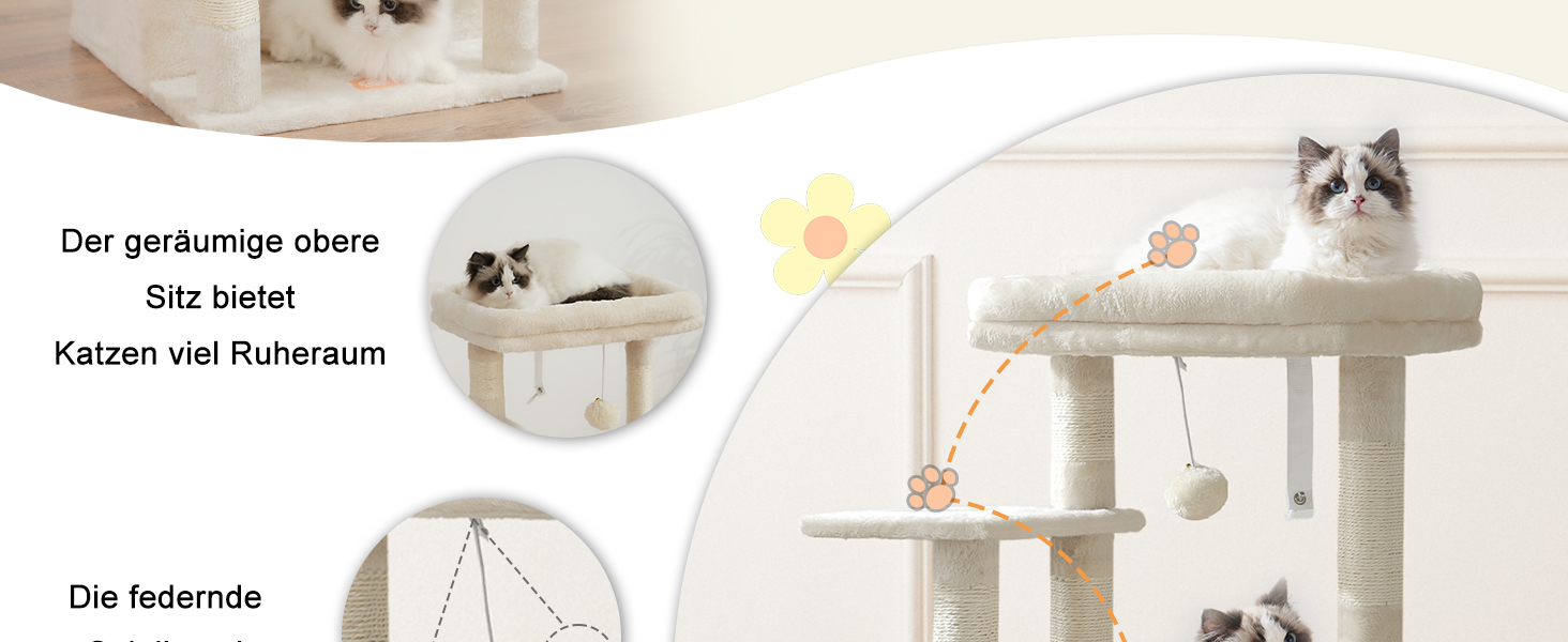 Котячий будиночок Heybly HCT008SW (Бежевий): міцний котячий будиночок з великим м'яким кошиком, стійкими сизалевими стовпчиками та місцем для сну